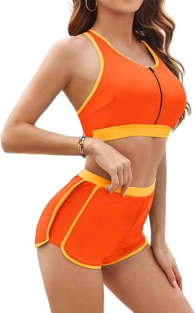 JASAMBAC Women's High Waisted Bikini Sets Sporty Two Piece Swimsuits Color Block Cheeky Zip Up Bathing Suits with Boyshorts