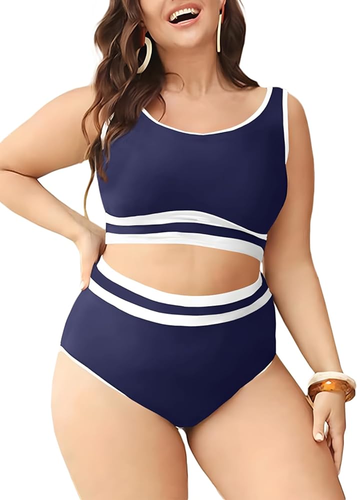 Eytino Womens Plus Size Bikini Sets High Waisted Scoop Neck Bahting Suits Two Piece Color Block Swimsuits(1X-5X)