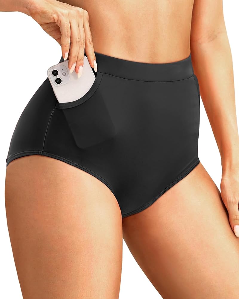 Zmart High Waisted Bikini Bottoms - with Pockets Women's Tummy Control Swim Bathing Suit Bottom