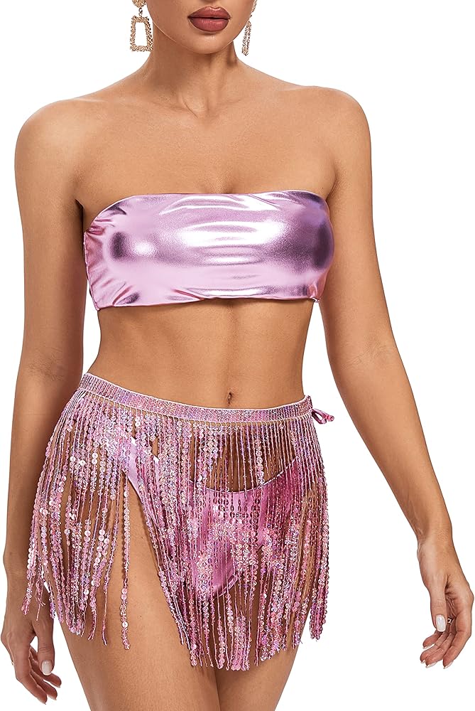 Rave Outfits for Women - EDC Festival Metallic Holographic Bodysuit Bandeau Top Sequin Tassels Skirt 3 Pcs Bikini