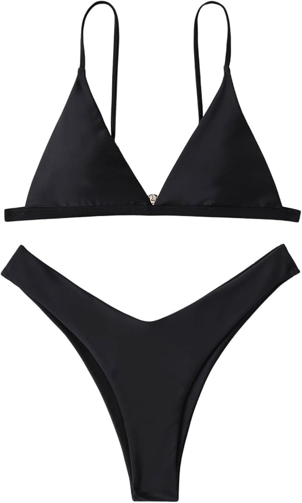 SOLY HUX Bikini Sets for Sexy Triangle High Cut Bikini Bathing Suits 2 Piece Swimsuit Black Solid Small