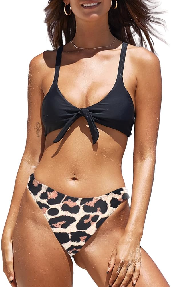 SouqFone Women's V Neck Tie Knot Front Swimsuit Ruffled Push Up Bikini Set,Black Leopard-L