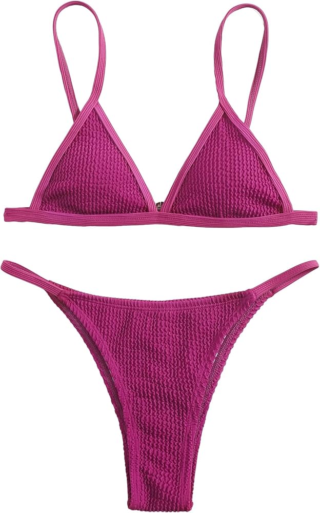 SweatyRocks Women's 2 Piece Textured Swimsuit Wireless Triangle Thong Bikini Set