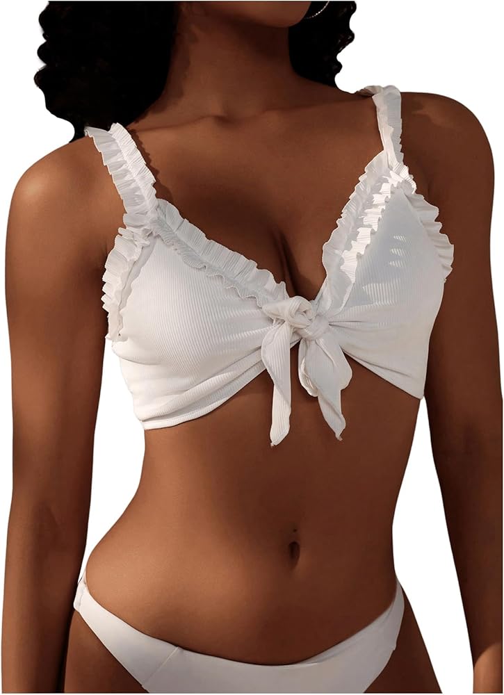 SOLY HUX Women's Bikini Top Frill Trim Tie Front Bathing Suit Tops Swimsuit