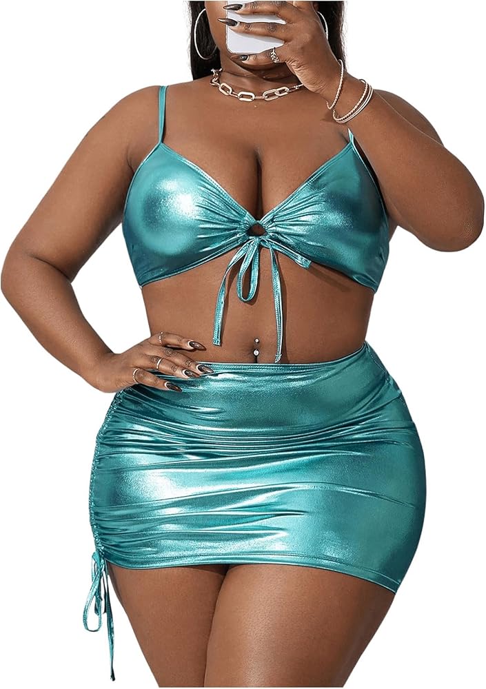 WDIRARA Women's Plus Size 3 Pieces Metallic Shiny Swimsuits High Waisted Bikini Set with Cover Up Skirt