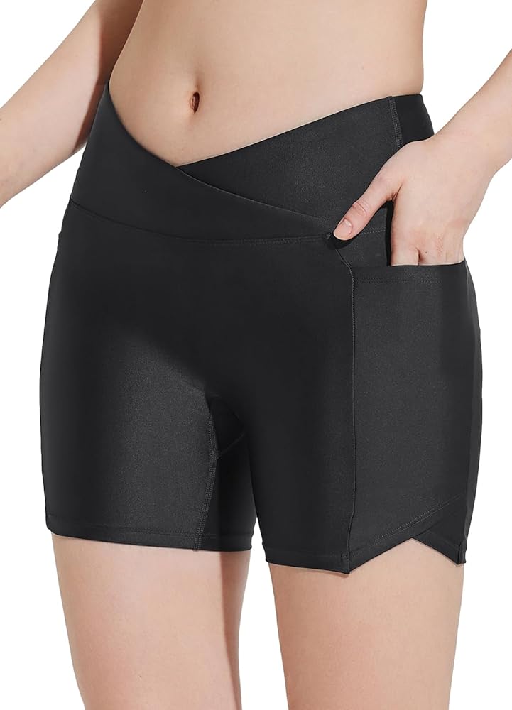 BALEAF Women's 5" Swim Shorts Bottoms Cross Waist Tummy Control Quick Dry UPF50+ Bathing Suit with Liner Pockets