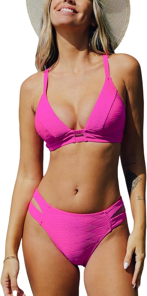 CUPSHE Women's Bikini Sets Two Piece Swimsuits Plunging Neck Adjustable Straps Textured Cutouts Cheeky