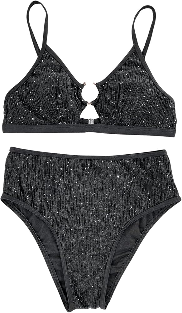 GORGLITTER Women's Glitter Swimsuit Ring Linked Cut Out Cami Top and High Waisted Thong Bikini Set