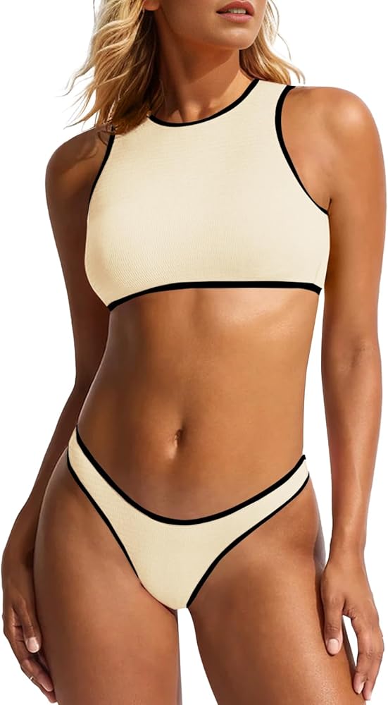 Saodimallsu High Neck Swimsuits for Women Color Block Bikini Sets Cutout Crop Top Brazilian Bottom 2 Piece Bathing Suits