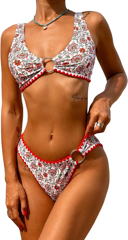 COZYEASE Women's 2 Piece Floral Print O-Ring Front Swimsuit Contrast Binding Bikini Set High Cut V Neck Bathing Suit