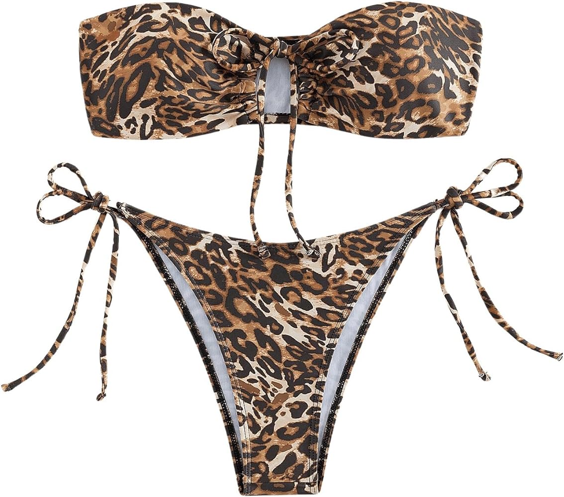 Women's Y2K Two Piece Bikini Set Leopard Bandeau Bikini Tube High Waisted Swimsuit Bathing Suit Beachwear