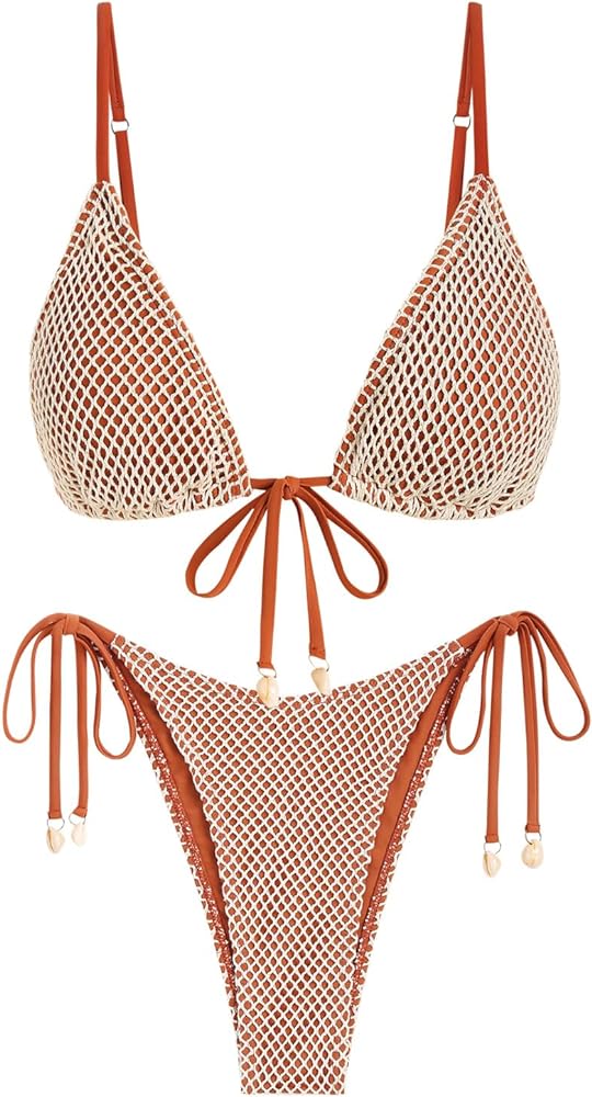 ZAFUL Women Triangle String Two Piece Bikini Fishnet Mesh Tie Shell Decor Tanga 2 Piece Swimsuit