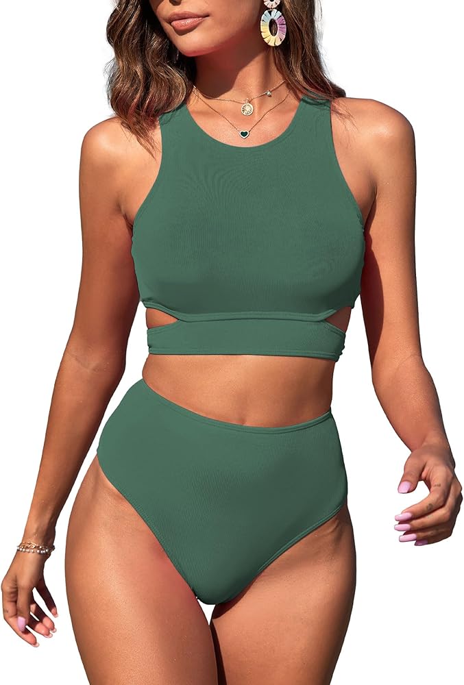 ZAFUL Women's Swimsuit Bikini Sets Two Piece Swimsuit Scoop Neck Tank Side Cutout Midkini Stitching