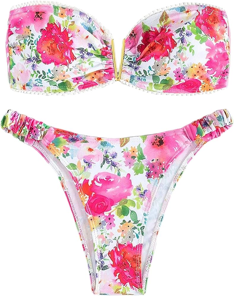 Women's Floral All Over Print Bikini Sets V Wired High Waist Summer Swimsuit Bathing Suit