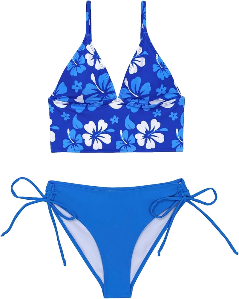 MakeMeChic Women's 2 Piece Floral Print Bikini Set Spaghetti Strap Drawstring Side Beach Swimsuit