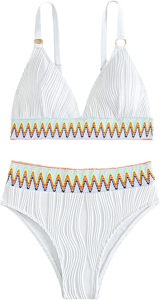 GORGLITTER Women's 2 Piece Chevron Trim Textured Swimsuit Ring Linked Wireless Bra High Waist Bikini Set