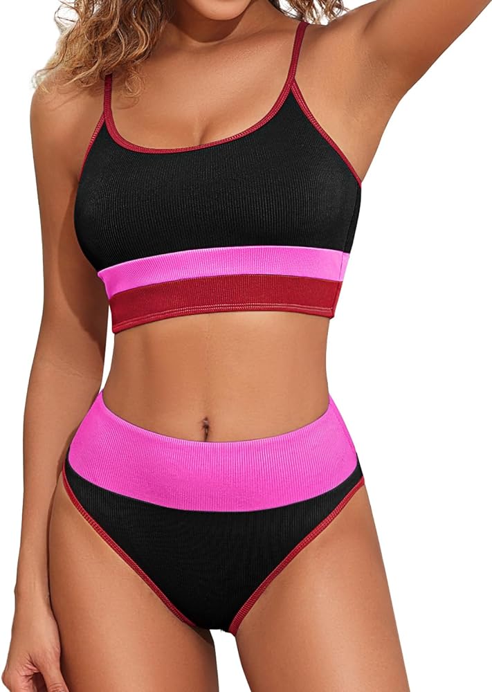 Aqua Eve Women Ribbed Bikini Sets High Waisted Color Block Swimsuit Athletic Two Piece Bathing Suits