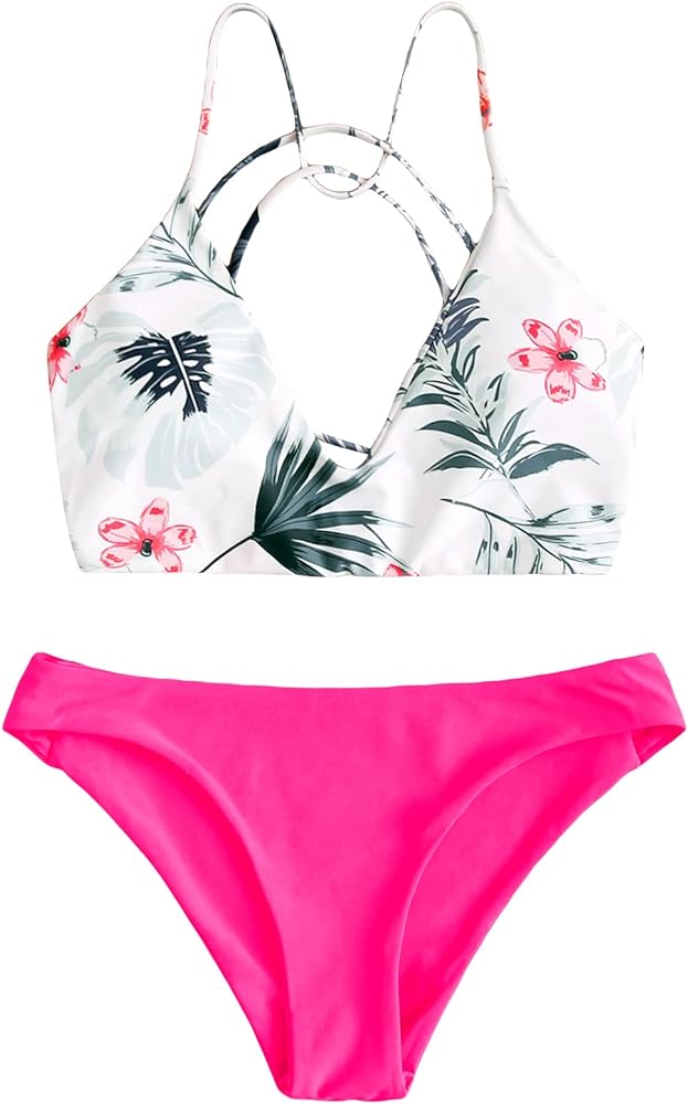 SweatyRocks Women's Sexy Bathing Suit Floral Print Cross Back Bikini Set Swimsuits