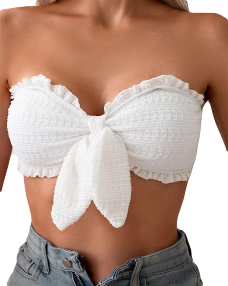 Women's Bathing Suit Knot Front Frill Trim Bandeau Swimsuit Bikini Top