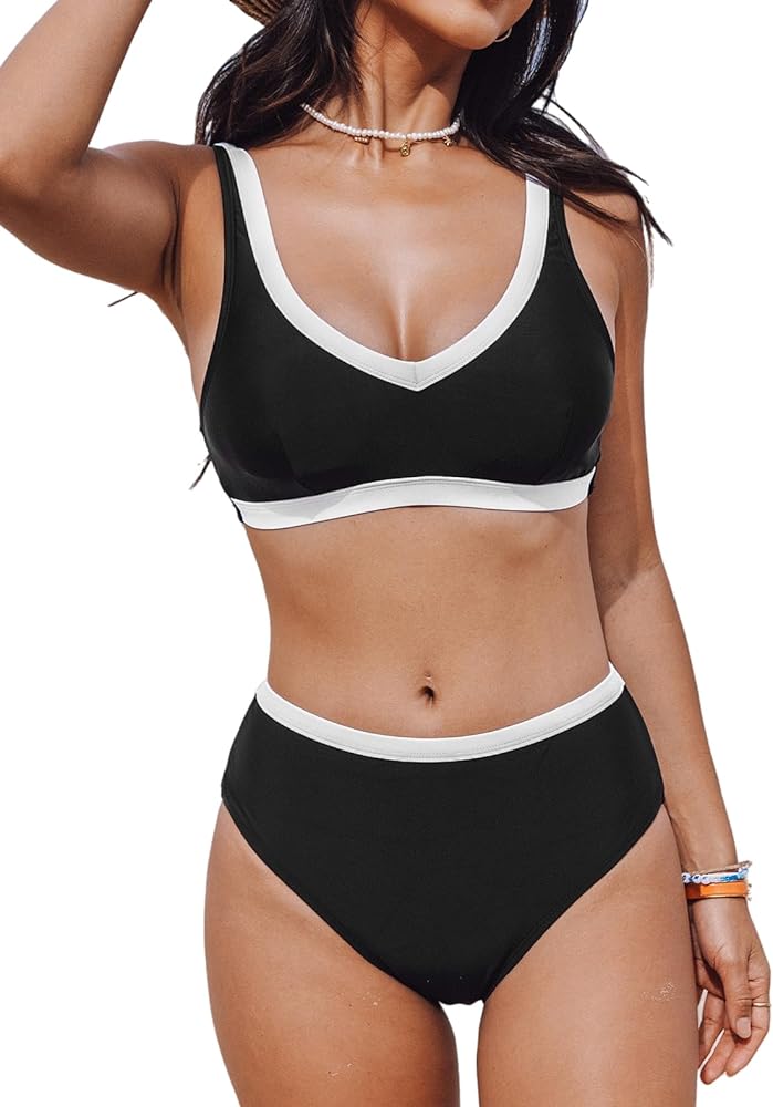 CUPSHE Women's Bikini Sets Two Piece Bathing Suit V Neck Color Block Back Cutout Mid Rise Adjustable Straps