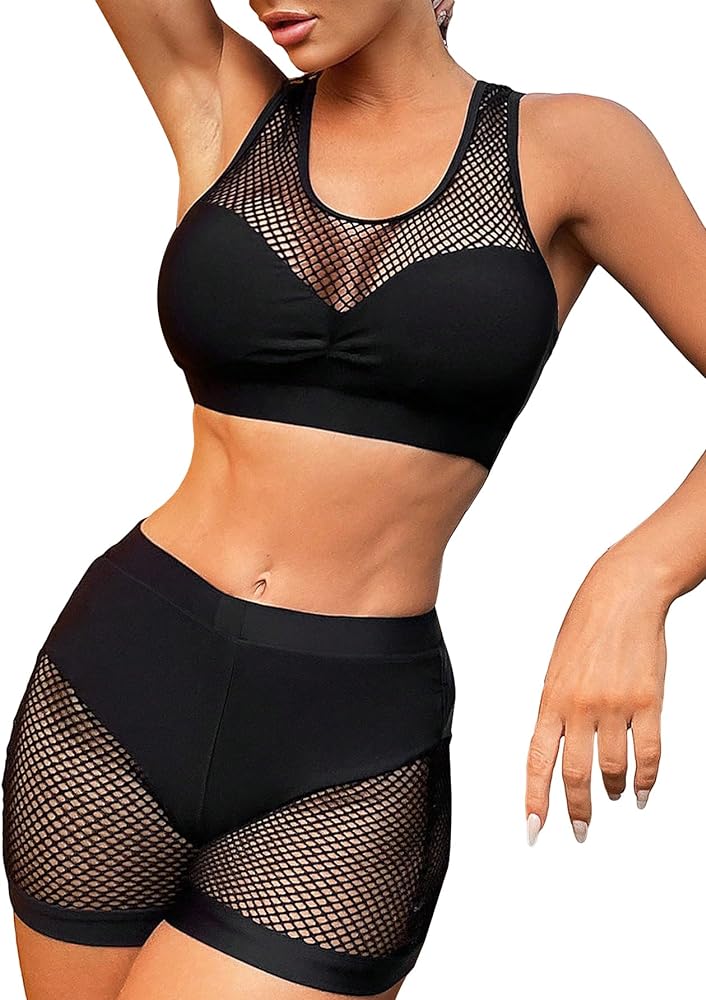 Floerns Women's 2 Piece Fishnet Mesh Racerback Solid Bikini Swimsuit Bathing Suit Set