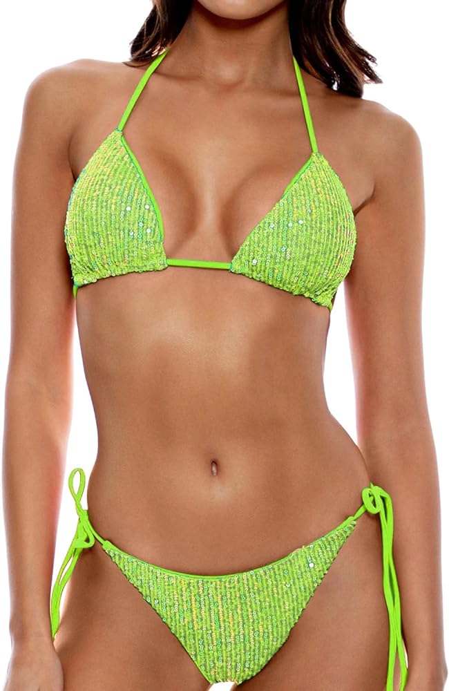 Women's Shiny Triangle Bikini Set Sequin Halter String Backless Tie Side Two Piece Swimsuit Bathing Suit