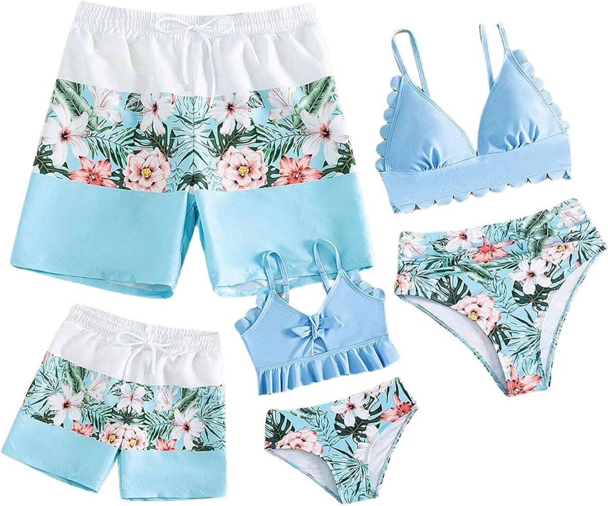 Family Matching Swimsuit Two Piece Set High Waisted Swimsuit V Neck Girls Bikini Bathing Suit Mommy and Me Swimwear