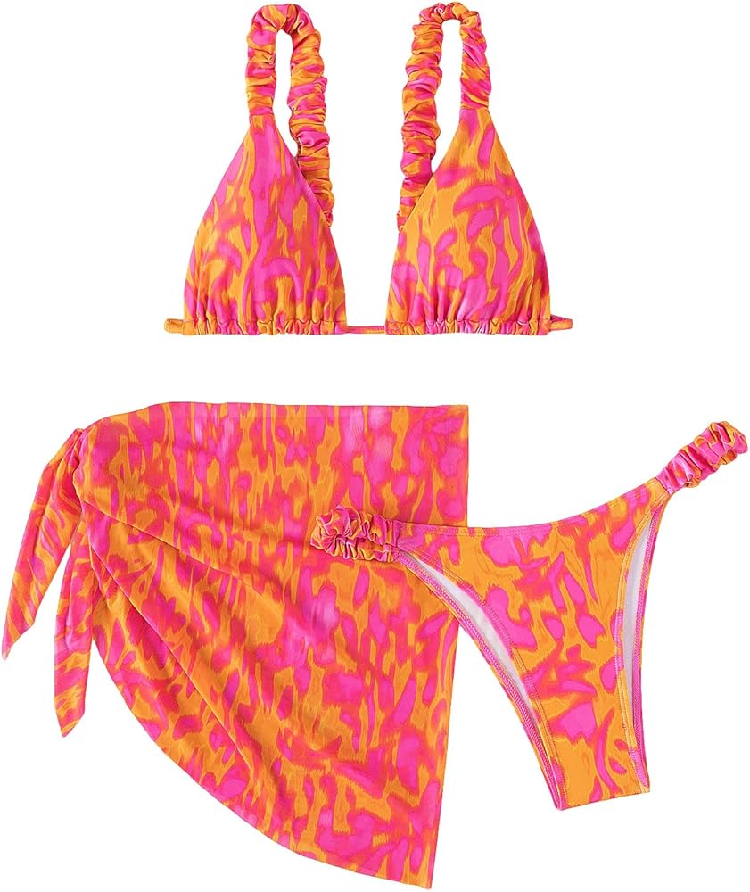 OYOANGLE Women's 3 Piece All Over Print Tie Back Bikini Swimsuit with Knot Side Beach Skirt Cover Up Sets Bathing Suit Sets