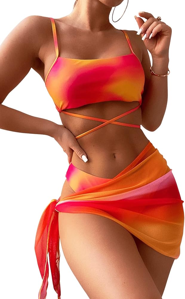 SweatyRocks Women's 3 Piece Gradient Tie Dye Bathing Suit Lace Up High Cut Bikini with Beach Skirt