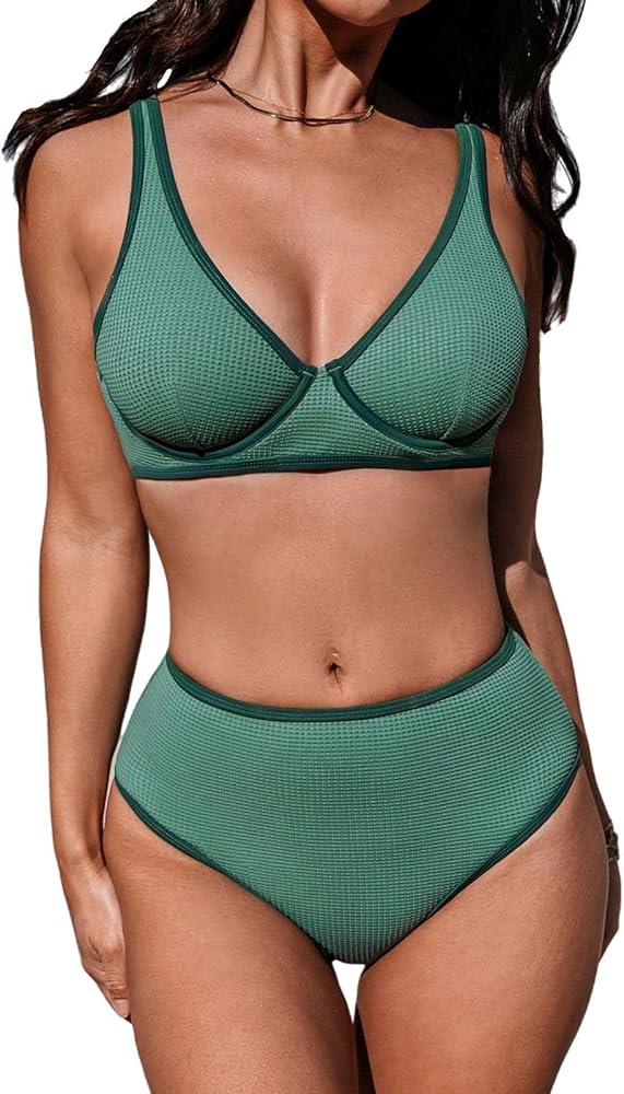 CUPSHE Women's Bikini Sets Two Piece Bathing Suit High Waisted Plunging Neck Underwire Back Tie Color Block