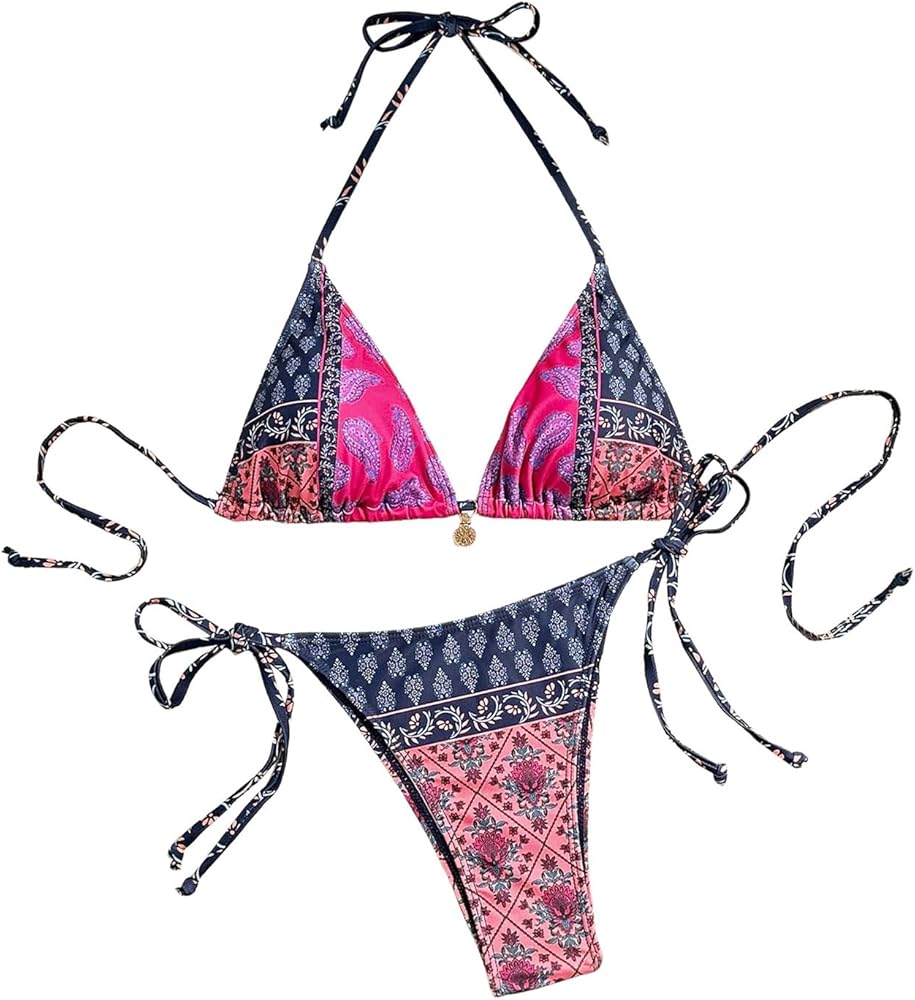 MakeMeChic Women's Printed 2 Piece Swimsuit Halter Triangle Bikini Set Tie Side Thong Bathing Suit