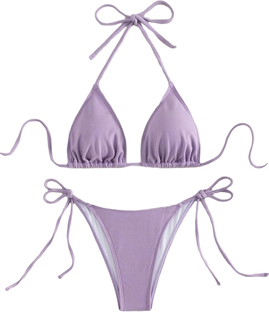 SHENHE Women's 2 Piece Swimsuit Halter Tie Side High Cut Sexy Triangle Bikini Set Solid Mauve Purple S