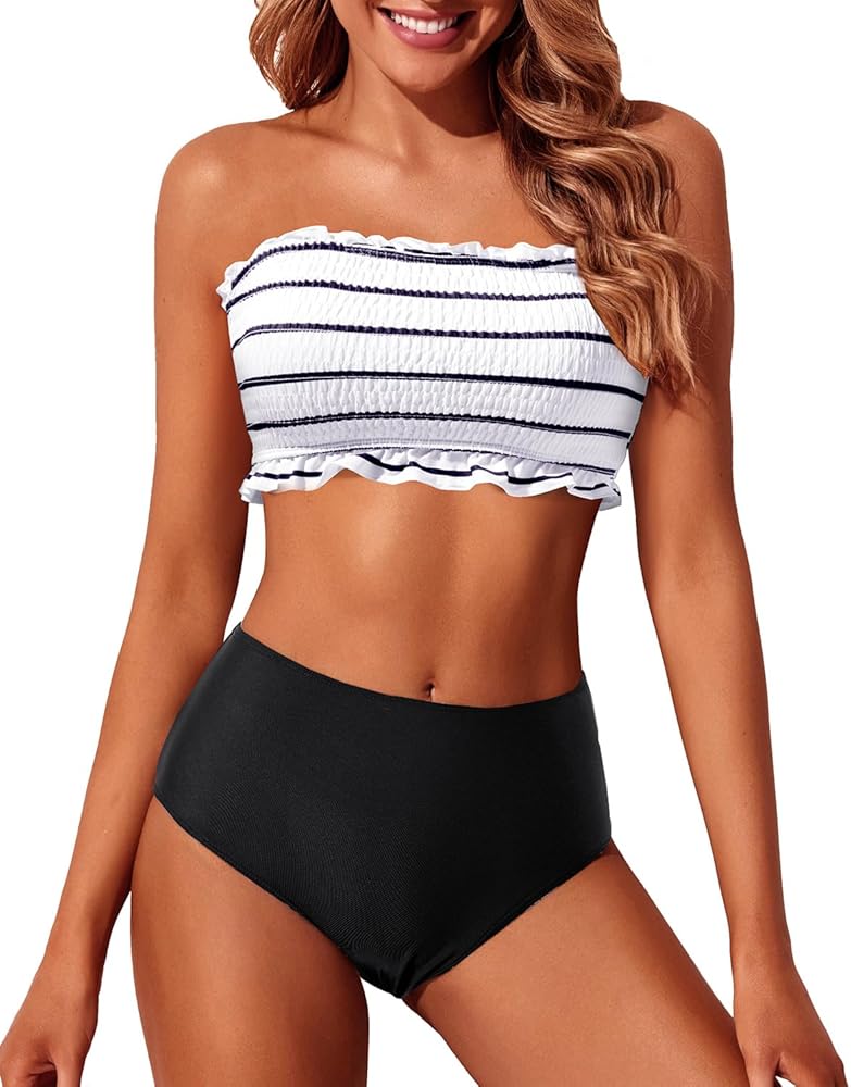 Tempt Me Women Bandeau High Waisted Bikini Sets Smocked Swimsuit Strapless Two Piece Bathing Suit