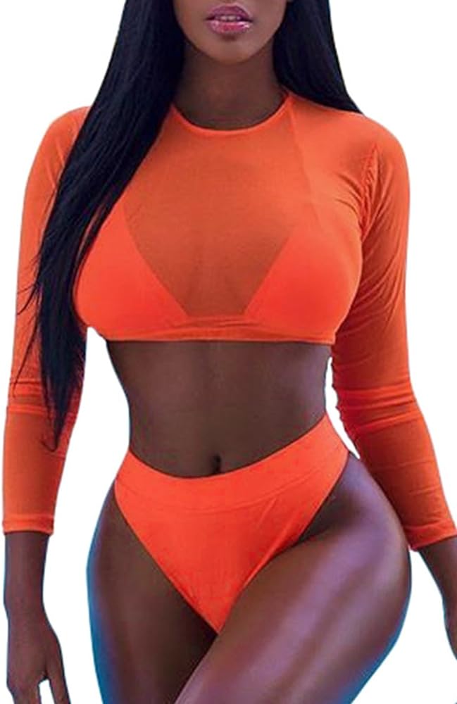 Meyeeka Womens Sexy High Waist Rash Guard Swimwear Long Sleeve 3PCS Swimsuit