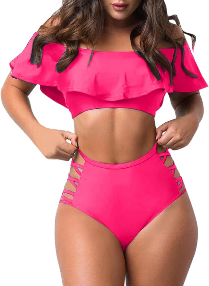 Women's High Waisted Bikini Sets Ruffle Off Shoulder Two Piece Swimsuit Side Hollow Tummy Control Bottoms Bathing Suit