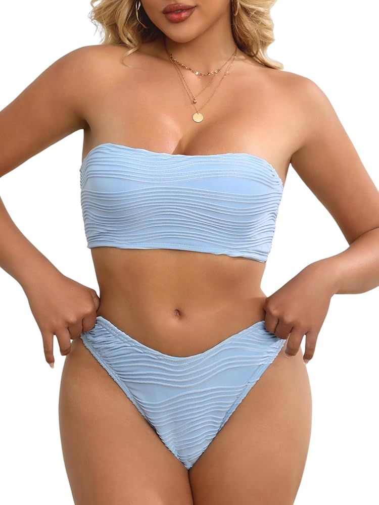 Tripsky Women's Bandeau Bikini Sets Two Piece Swimsuit High Cut Bathing Suit Ribbed Bikini Set