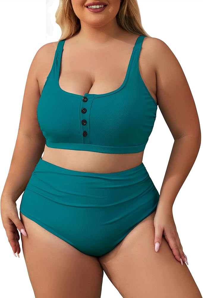 Zando Womens Plus Size High Waisted Bikini for Curvy Women Two Piece swimsuit Scoop Top Tummy Control Bathing Suit Swimwear