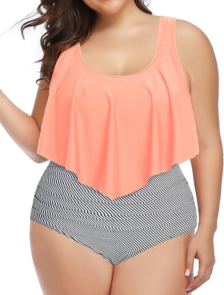 Aqua Eve Two Piece Plus Size Swimsuit for Women High Waisted Bathing Suit Tummy Control Tankini Top Bikini Bottom