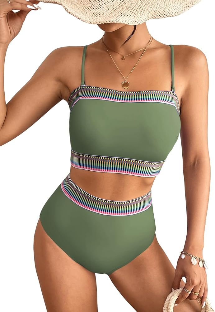 Herseas Women's Strapless Bandeau High Cut Bikini Set Padded High Waist Two Piece Off Shoulder Bathing Suit Laurel Green Large 12 14