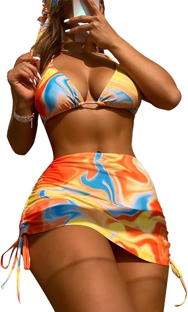 Rooscier Women's 4 Pcs Swimsuits Printed Triangle Bikini Bathing Suits Beach Skirt Bandana