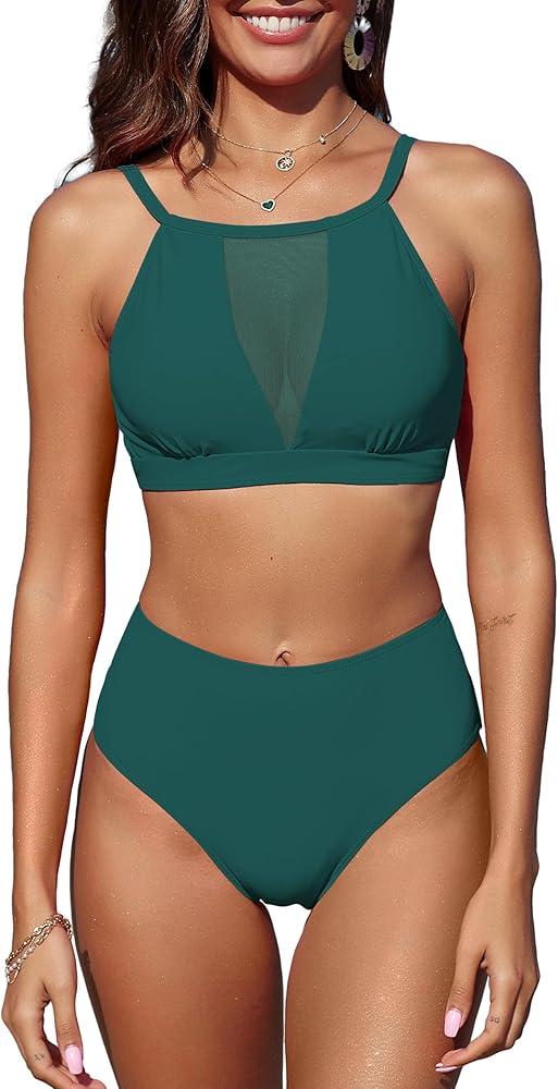 ZAFUL Women's Sheer Mesh Bikini Set High Waisted Tummy Control 2 Piece Tankini Swimsuit Bathing Suit