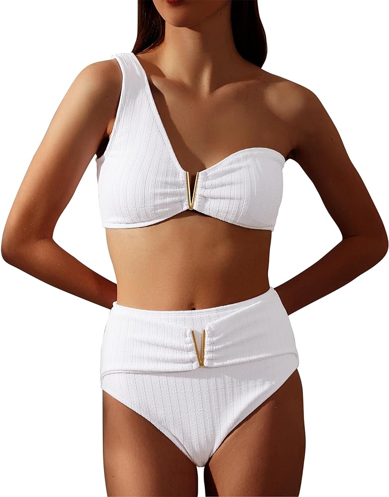 Brujula Women's Ribbed Bikini Sets One Shoulder Top with High Waist Two Piece Bathing Suit