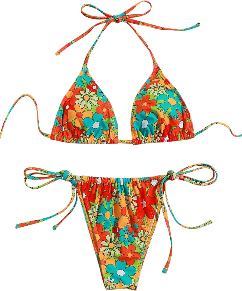 SOLY HUX Women's Floral Print 2 Piece Swimsuits Bikini Set Halter Triangle Swimwear Sexy Bathing Suit