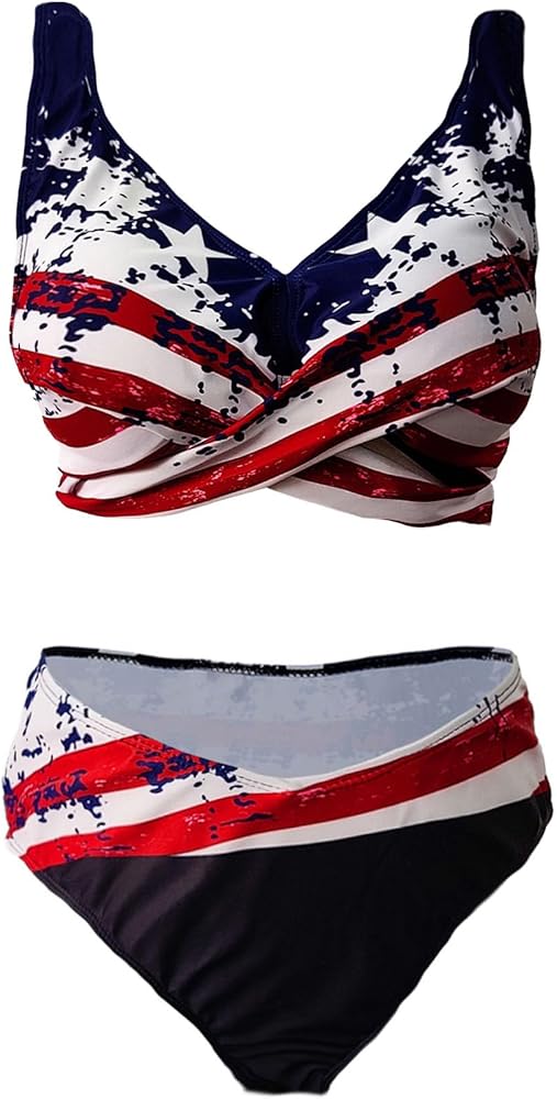 SOMTHRON Women's American US Flag Bikini Sets Two Piece July 4th Swimsuits High Waisted Tied Striped Blue Star Bathing Suits