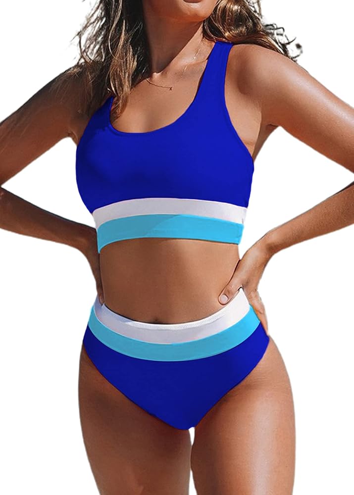 Hilinker Women's High Waisted Bikini Cut Out Sports Crop Top Color Block Swimsuit