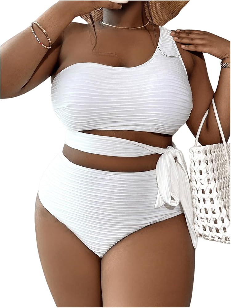 SOLY HUX Women's Plus Size Swimsuit Tie Side Cut Out One Shoulder Bikini Sets Two Piece Bathing Suits