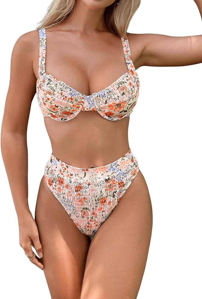 SOLY HUX Bikini Sets for Women Floral Print Smocked Underwire Bikini Bathing Suits 2 Piece Swimsuit