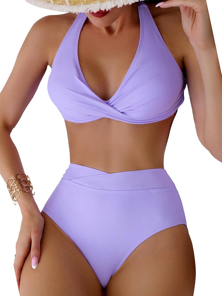 SweatyRocks Women's 2 Piece Bikini Set Twist Halter High Waist Bathing Suits Beachwear