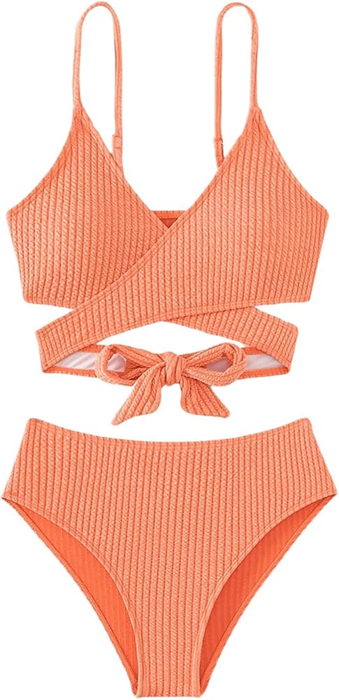 MakeMeChic Women's 2 Piece Swimsuit V Neck High Waisted Bikini Set Tie Backless Bathing Suit