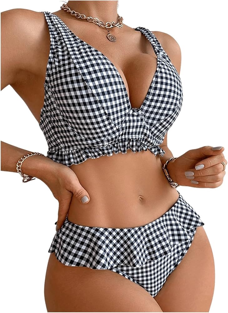 SOLY HUX Women's Plaid Swimsuit Ruffle Hem Bikini Sets Two Piece Bathing Suits